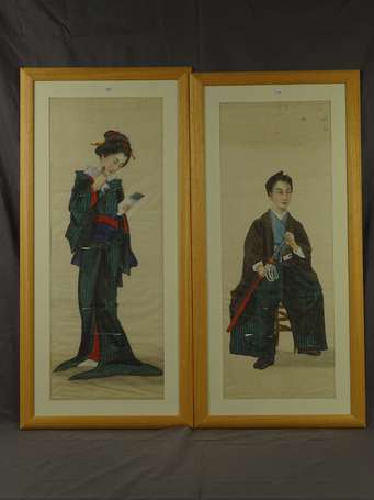 JAPON Période MEIJI - Couple, Deux gouaches sur 