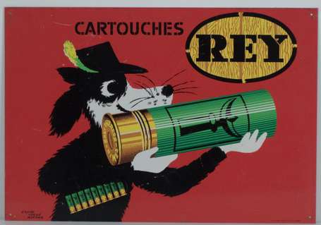 CARTOUCHE REY : Tôle illustré d'un chien épaulant 