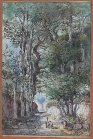 Roux Emile 1822-1915 Chemin sous bois  Aquarelle 