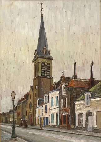 CHAMBON XXe - Eglise urbaine. Huile sur carton, 