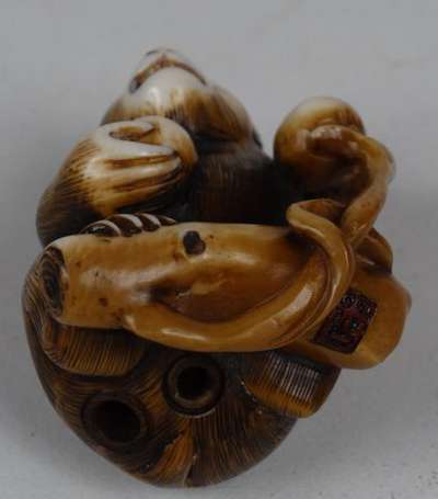 Netsuke Singe aux fruitsen ivoire Japon H 3,5 cm