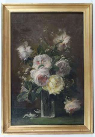 Ecole Xxème S. Bouquet de roses Huile sur toile. 