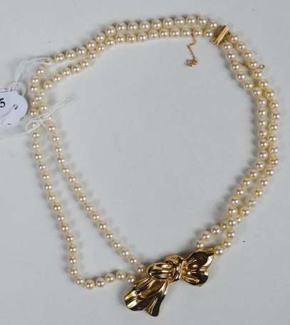 Collier 2 rangs de perles avec noeud en or jaune -