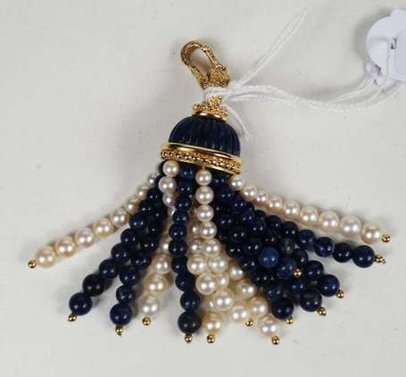 Grand pendentif pompon en or jaune avec lapis 