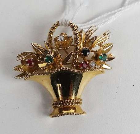 Broche corbeille de fleurs en or jaune avec 