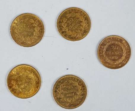 5 pièces 20 francs (4 Napoléon III et un Génie) 