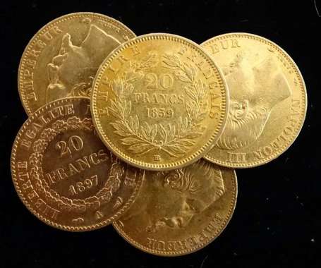 5 Pièces 20 francs or NIII 1854 (2) 1857, 1859, 