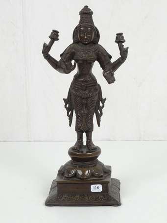 INDE Lakshmi en bronze socle lotiforme, XXème H. 