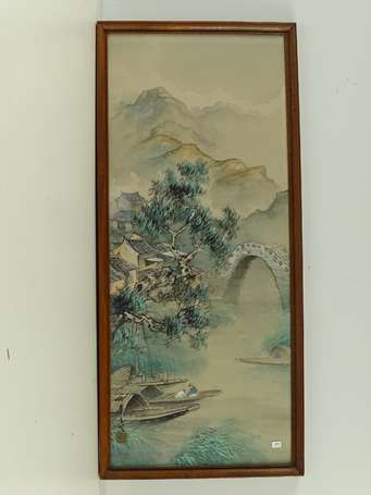 CHINE Barque sur  la rivière prés du pont gouache 