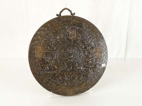 TIBET Plaque de temple en cuivre repoussé double 