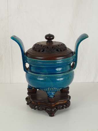 CHINE MING Vase tripode en céramique turquoise 