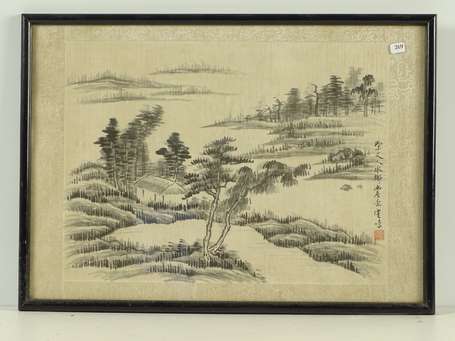 CHINE Paysage encre sur soie H. 52 cm L. 37 cm