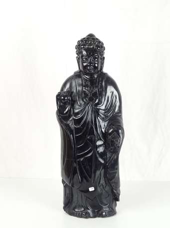 CHINE Bouddha en pierre noire pêche de longévité 