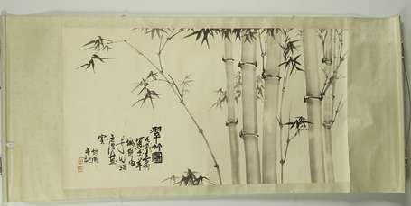 CHINE Bambous Rouleau horizontal signé H. 66 cm, L
