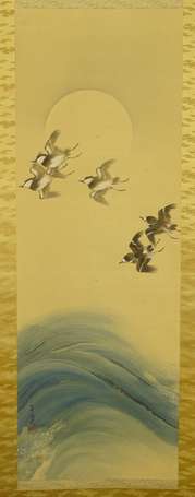 JAPON Oiseau soleil et vagues Kakemono  début XX 