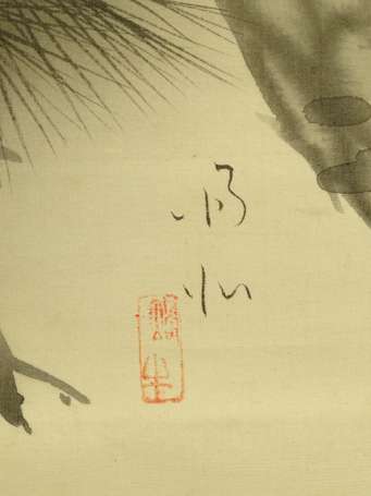 JAPON Grue et ses petits Kakemono H. 205 cm L. 55 