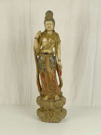 CHINE Guanyin sujet en bois laqué H. 82  cm