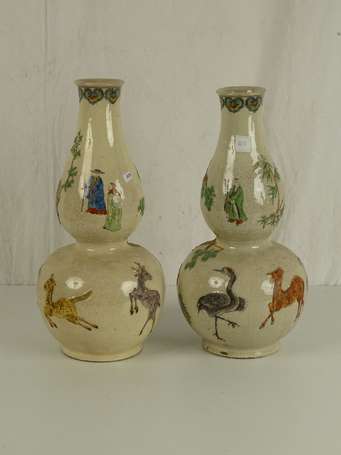 CHINE Paire de vases double gourde craquelé à 