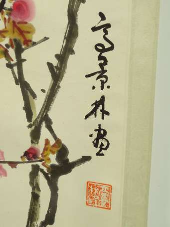 CHINE Branches et fleurs kakemono signé  H. 160 cm