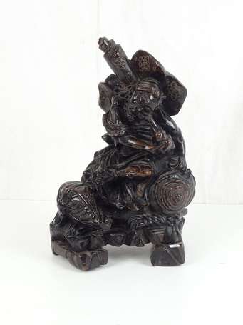 CHINE Immortel assis sur son éléphant bois filet 