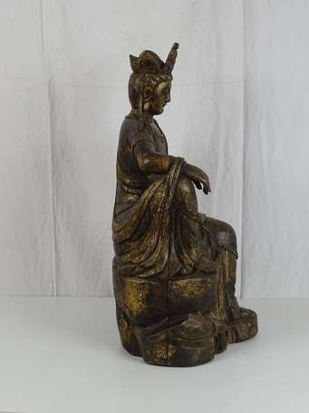 CHINE Statue de Guanyin en bois assis en 