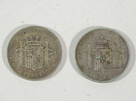 2 piéces de 5 pesetas en argent 1870 / 1883 TB 