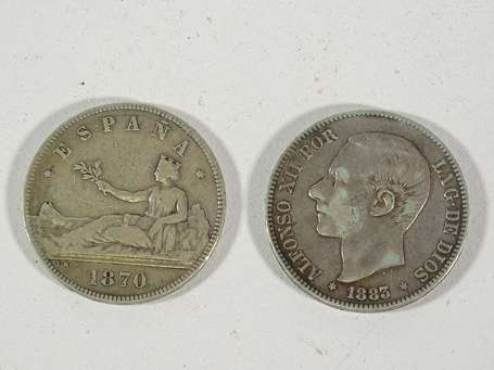 2 piéces de 5 pesetas en argent 1870 / 1883 TB 