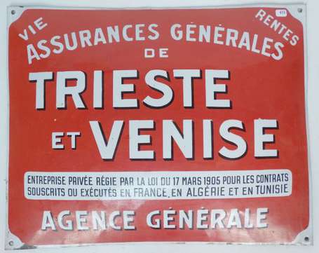 TRIESTE ET VENISE : Assurances : Plaque émaillée 