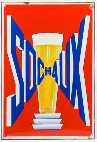 SOCHAUX Bière : Plaque émaillée plate à rebords, 