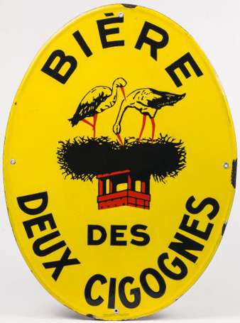 BIERE DES DEUX CIGOGNES : Plaque émaillée ovale à 