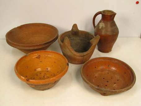 Lot de cinq poteries.  De formes et d'origines 