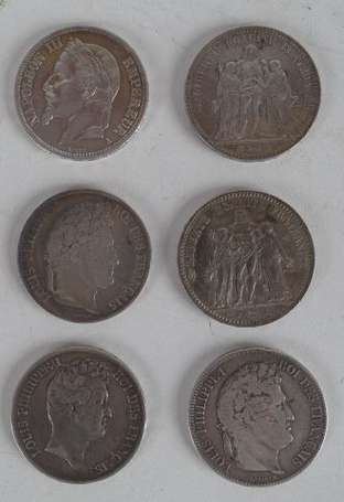 6 Ecus en argent 5 Frs Louis Philippe, Napoléon 