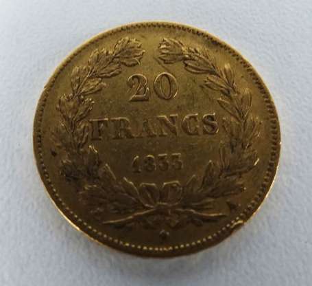 FRANCE LOUIS-PHILIPPE 20 F or 1833A Paris TB+