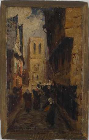 E. Le Maillard. Vue d'une ruelle, une église au 