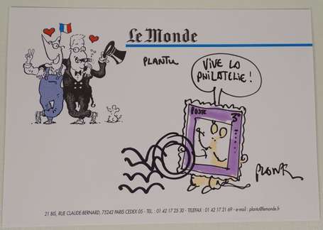 Plantu Dessin autographe sur carte commercial du 