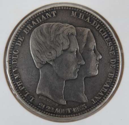 Belgique. 1 pièce de 5 francs en argent 1853. 
