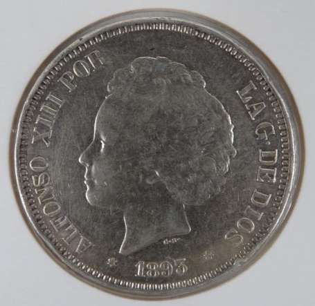 Espagne. 1 pièce en argent 5 pesetas 1893 Alfonso 