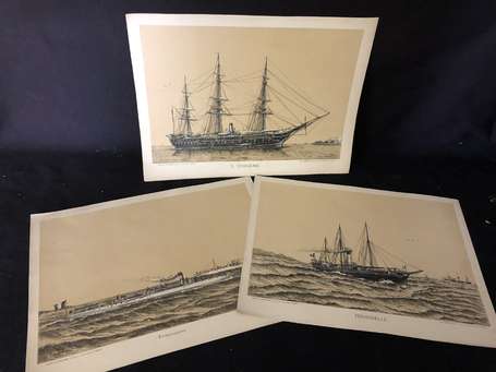 Voiliers et Navires - 3 Lithographies en 2 tons 