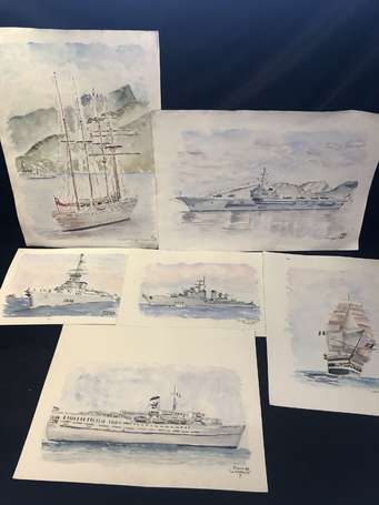 Marine - Ensemble de 6 aquarelles de différents 
