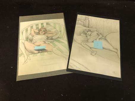 Curiosa - 2 dessins de femmes allongées nues , 
