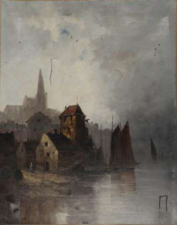 NOLET A. XIXe. Scène de port. Huile sur toile, 