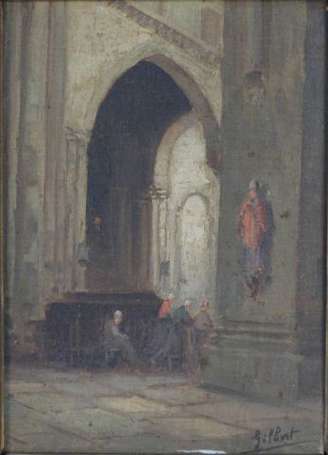 GILBERT XXe. Intérieur d'église. Huile sur 