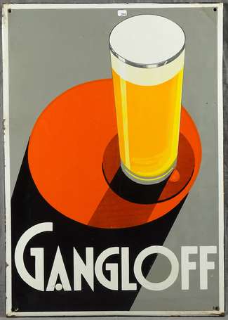 GANGLOFF Bière : Plaque émaillée plate à rebords. 