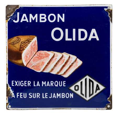 JAMBON OLIDA : Plaque émaillée bombée illustrée 