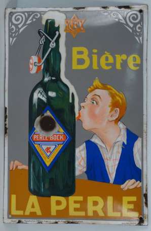 LA PERLE Bière : Plaque émaillée bombée, illustré 
