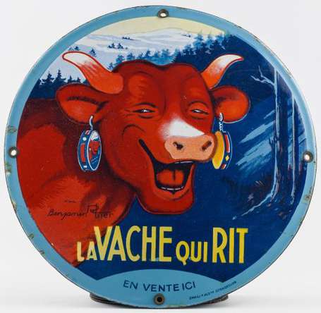 LA VACHE QUI RIT :  Plaque émaillée ronde bombée, 