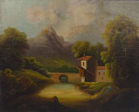 ECOLE XIXe - Paysage au pont. Huile sur toile. 