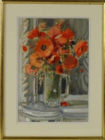 ECOLE XXe - Bouquet de coquelicots. Aquarelle. A 