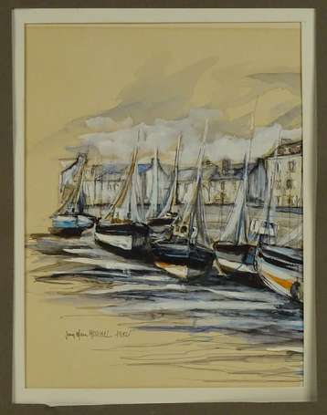 MOUCHEL Jean-Marc XXe - Bateaux au port. Encre, 