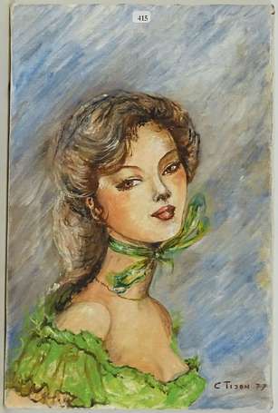 TISON X. XXe - Portrait d'élégante à la robe verte